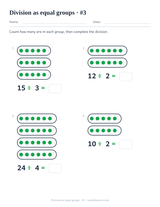 Third equal groups division worksheet for reading a division from a picture