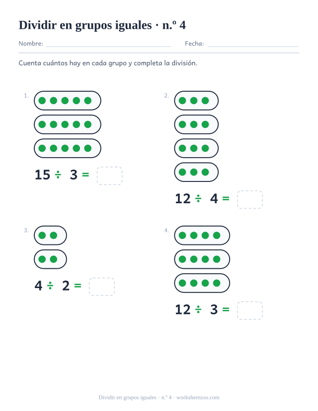 Cuarta ficha de dividir en grupos iguales con grupos más grandes dibujados con puntos