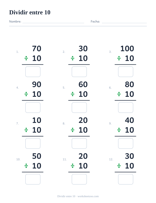 Ficha de divisiones, 12 operaciones en vertical que dividen entre 10, todas con resultado entero