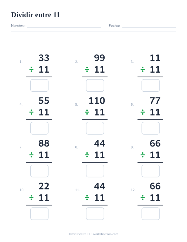Ficha de divisiones, 12 operaciones en vertical que dividen entre 11, todas con resultado entero