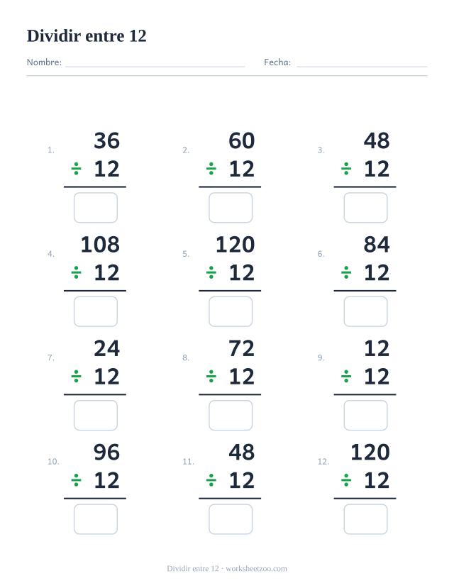 Ficha de divisiones, 12 operaciones en vertical que dividen entre 12, todas con resultado entero