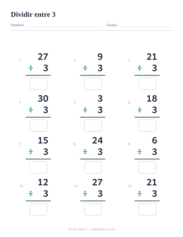Ficha de divisiones, 12 operaciones en vertical que dividen entre 3, todas con resultado entero