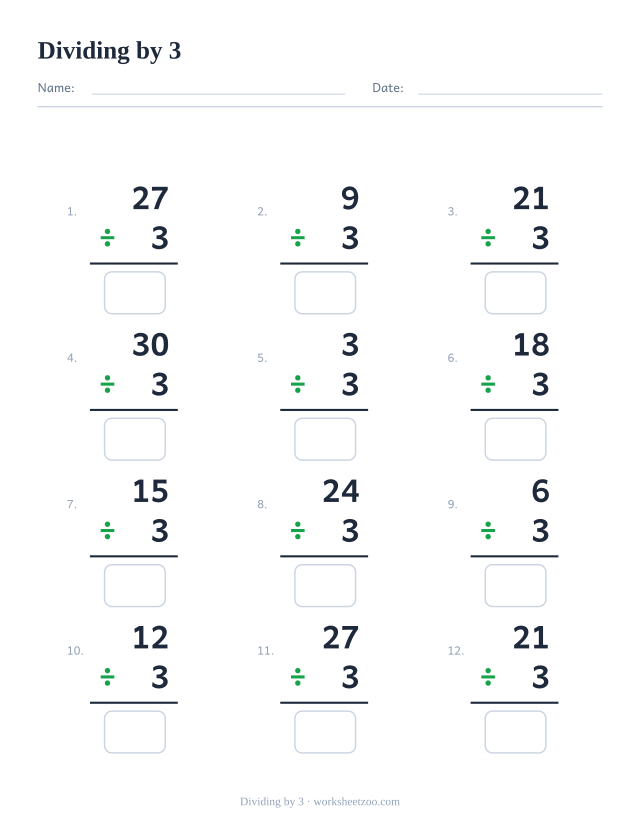Division worksheet, 12 vertical facts that all divide by 3, every answer a whole number