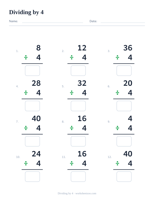 Division worksheet, 12 vertical facts that all divide by 4, every answer a whole number