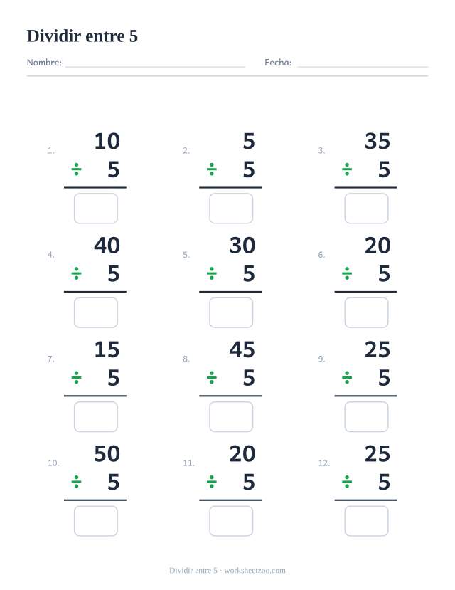 Ficha de divisiones, 12 operaciones en vertical que dividen entre 5, todas con resultado entero