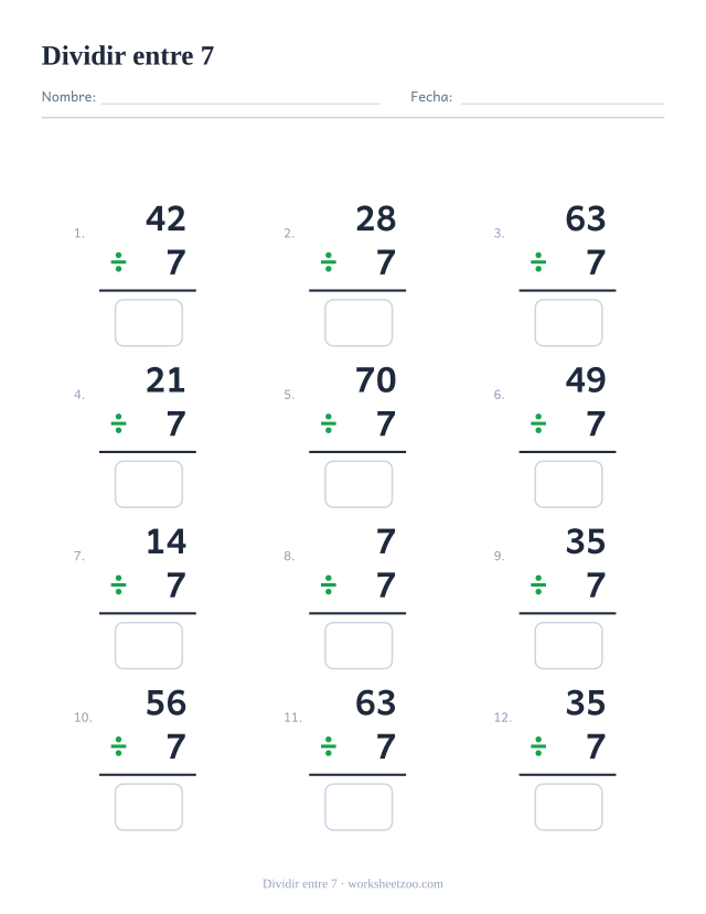 Ficha de divisiones, 12 operaciones en vertical que dividen entre 7, todas con resultado entero