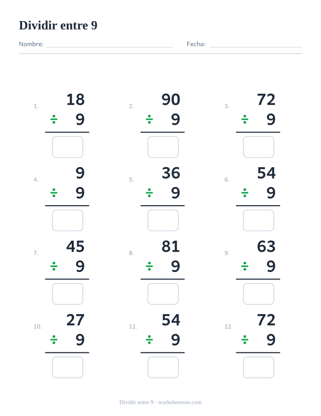 Ficha de divisiones, 12 operaciones en vertical que dividen entre 9, todas con resultado entero