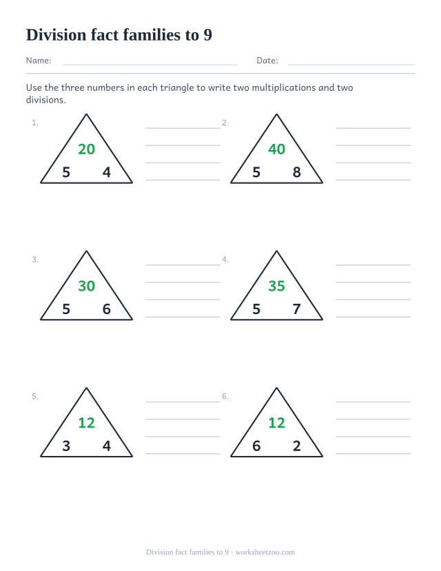 Division fact family worksheet with triangles built from the tables up to 9