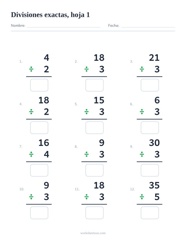 Ficha de divisiones exactas con 12 operaciones de las tablas del 2 al 5, hoja 1