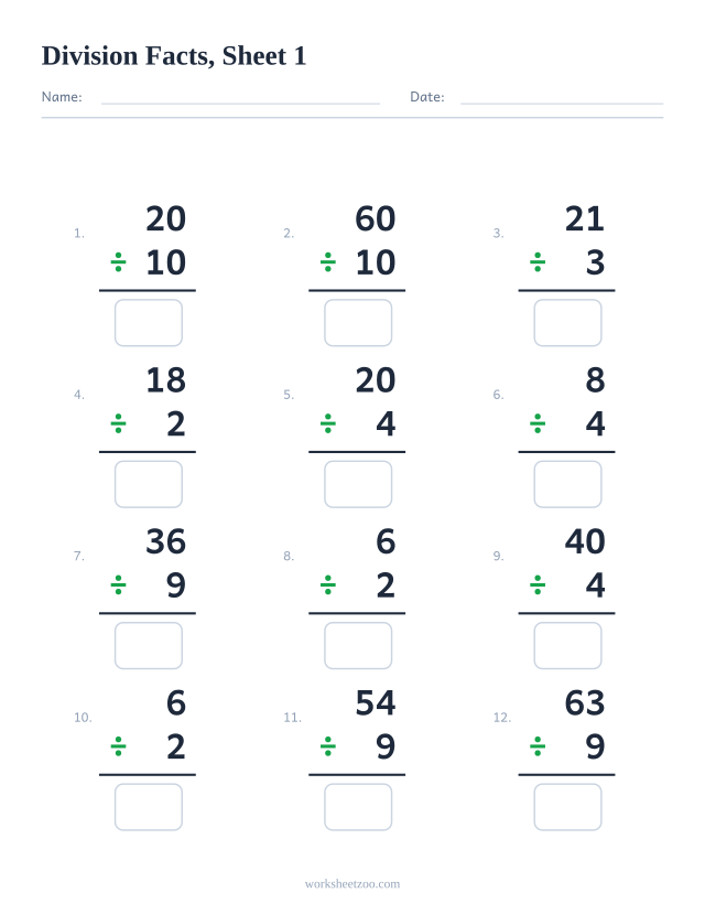 Division facts worksheet with 12 vertical problems from the times tables, sheet 1