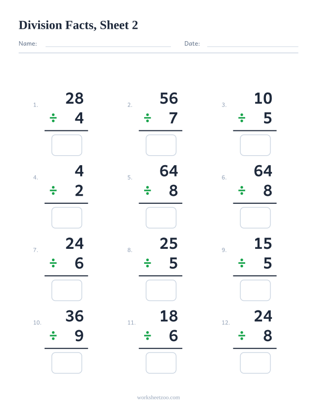 Division facts worksheet with 12 vertical problems from the times tables, sheet 2