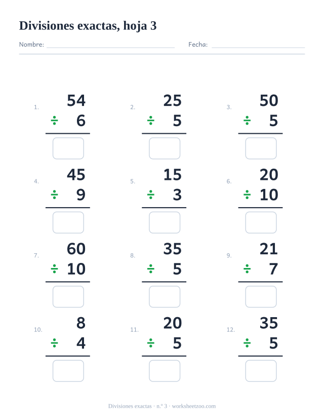 Ficha de divisiones exactas con 12 operaciones de todas las tablas, hoja 3