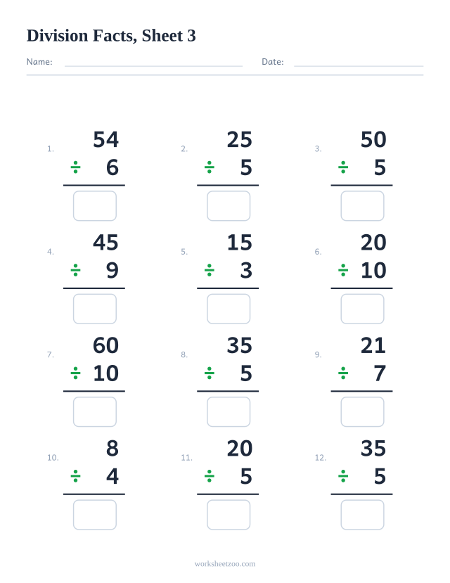 Division facts worksheet with 12 vertical problems from the times tables, sheet 3