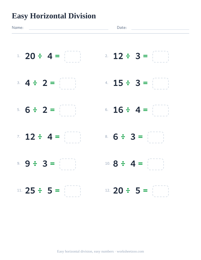 Easy horizontal division worksheet, 12 small facts dividing by 2 to 5 written left to right