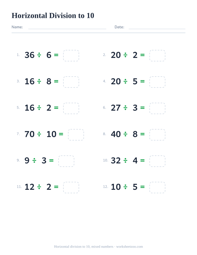Horizontal division facts worksheet, 12 problems dividing by 2 to 10 written left to right, every answer whole