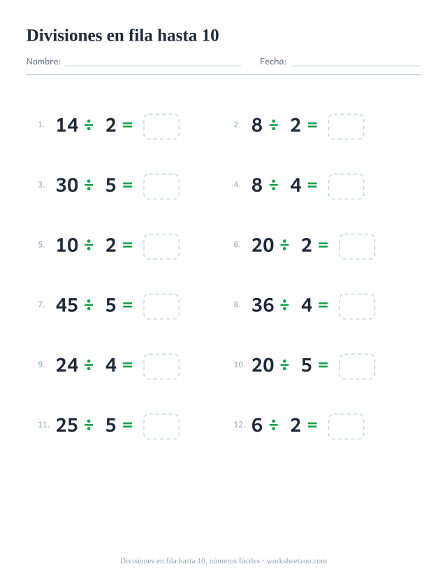 Ficha de divisiones en fila, 12 operaciones dividiendo entre 2 y 5, tablas hasta el 10 escritas de izquierda a derecha, resultado entero