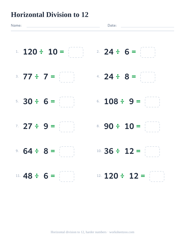 Horizontal division facts worksheet, 12 problems dividing by 6 to 12 written left to right, every answer whole
