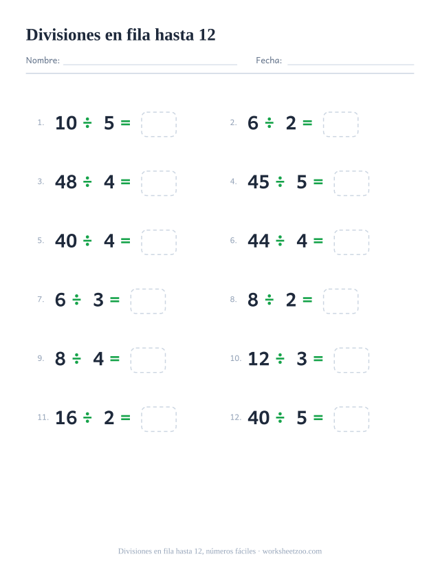 Ficha de divisiones en fila, 12 operaciones dividiendo entre 2 y 5, tablas hasta el 12 escritas de izquierda a derecha, resultado entero