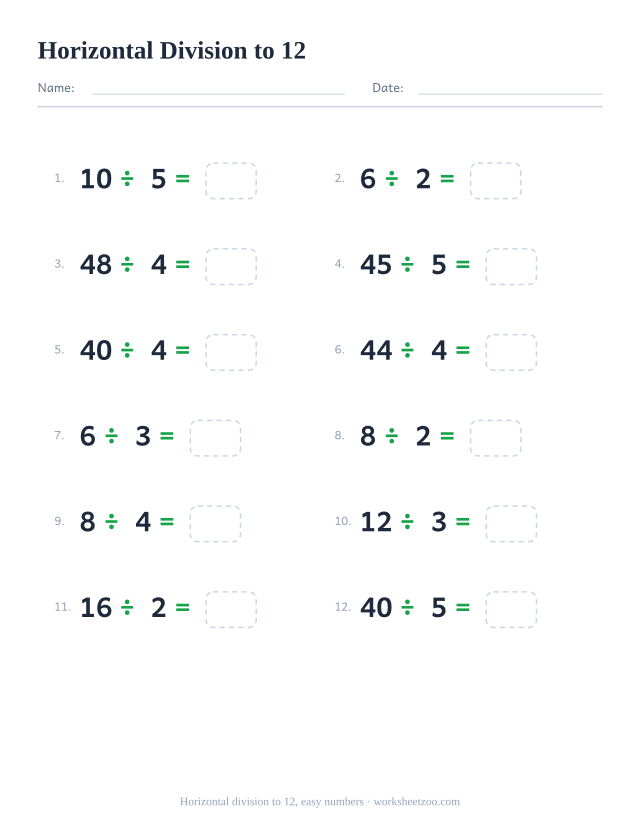 Horizontal division facts worksheet, 12 problems dividing by 2 to 5, tables to 12 written left to right, every answer whole