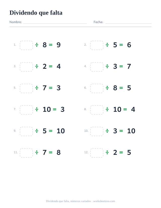 Ficha del dividendo que falta, 12 divisiones dividiendo entre 2 y 10 con el dividendo en blanco