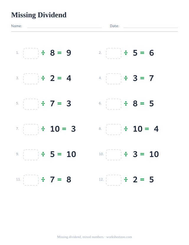 Missing dividend worksheet, 12 division facts dividing by 2 to 10 with the dividend left blank