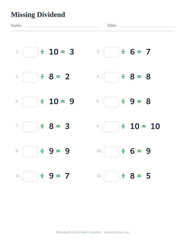 Missing dividend worksheet, 12 division facts dividing by 6 to 10 with the dividend left blank