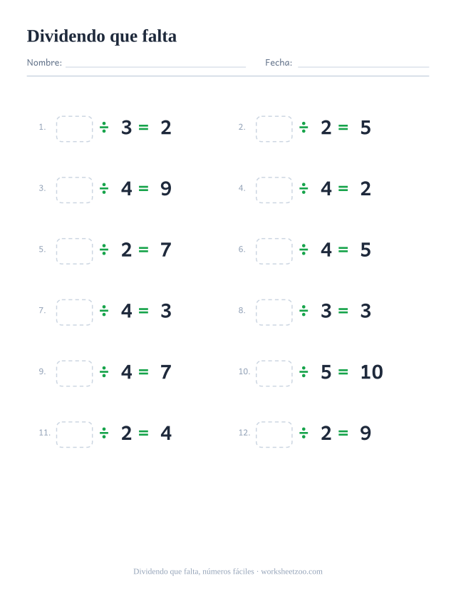 Ficha del dividendo que falta, 12 divisiones dividiendo entre 2 y 5 con el dividendo en blanco