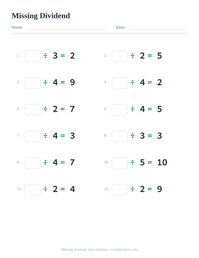 Missing dividend worksheet, 12 division facts dividing by 2 to 5 with the dividend left blank