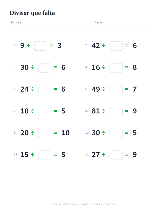 Ficha del divisor que falta, 12 divisiones dividiendo entre 2 y 10 con el divisor en blanco