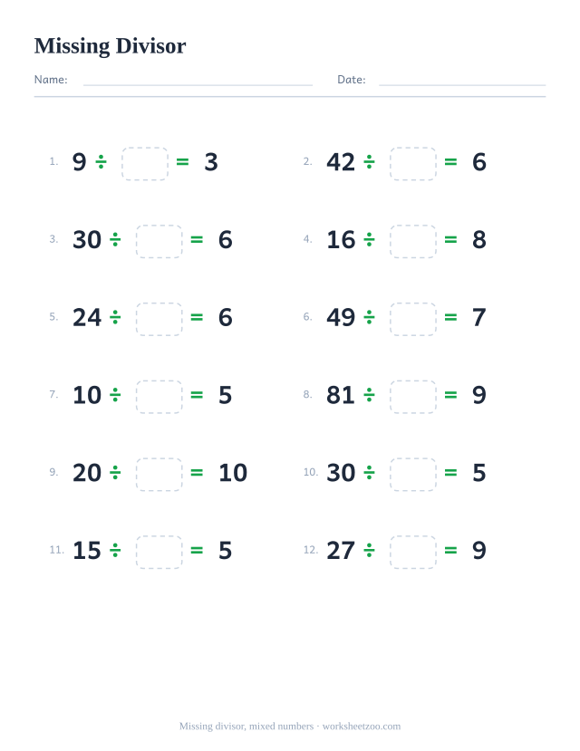 Missing divisor worksheet, 12 division facts dividing by 2 to 10 with the divisor left blank