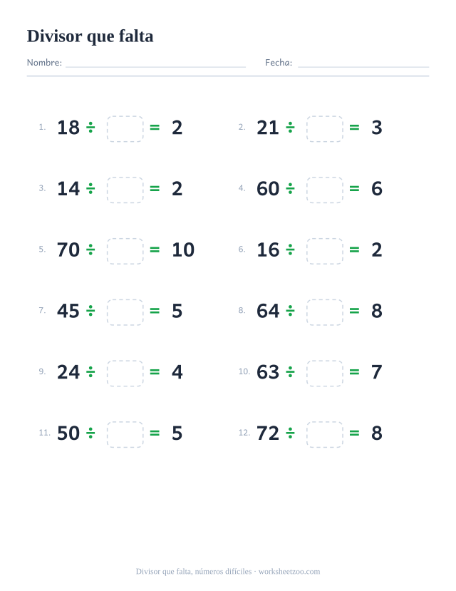 Ficha del divisor que falta, 12 divisiones dividiendo entre 6 y 10 con el divisor en blanco