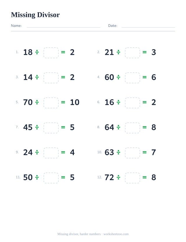 Missing divisor worksheet, 12 division facts dividing by 6 to 10 with the divisor left blank