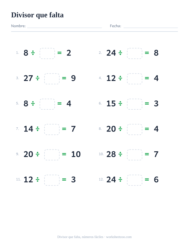 Ficha del divisor que falta, 12 divisiones dividiendo entre 2 y 5 con el divisor en blanco