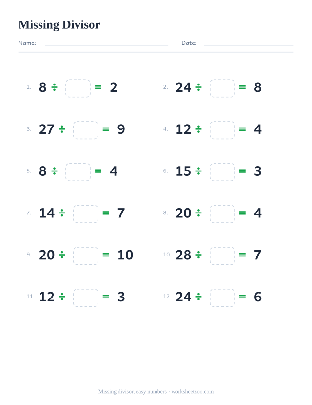 Missing divisor worksheet, 12 division facts dividing by 2 to 5 with the divisor left blank