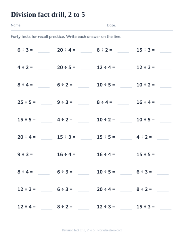 Timed division drill worksheet with 40 facts from the 2 to 5 tables