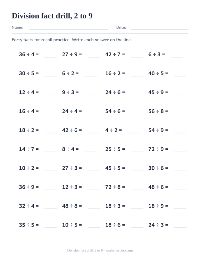 Timed division drill worksheet with 40 mixed facts from the tables up to 9