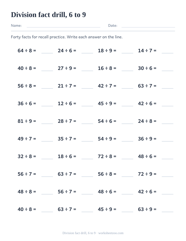 Timed division drill worksheet with 40 facts from the harder 6 to 9 divisors