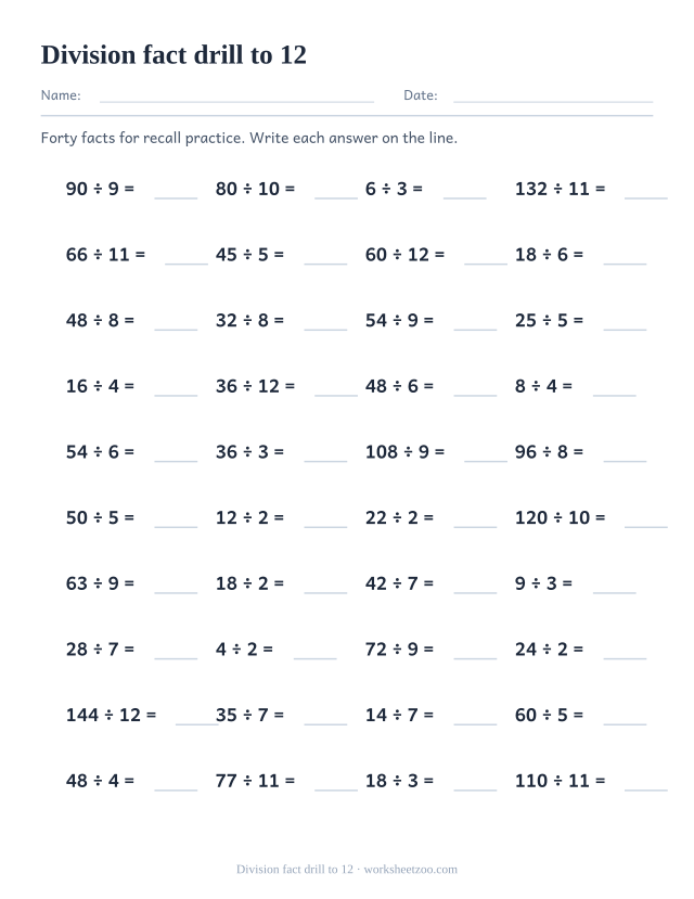 Timed division drill worksheet with 40 facts covering all the divisors to 12