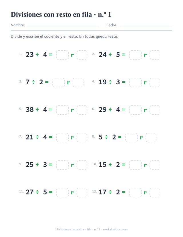 Ficha de divisiones con resto escritas en fila con divisores pequeños del 2 al 5