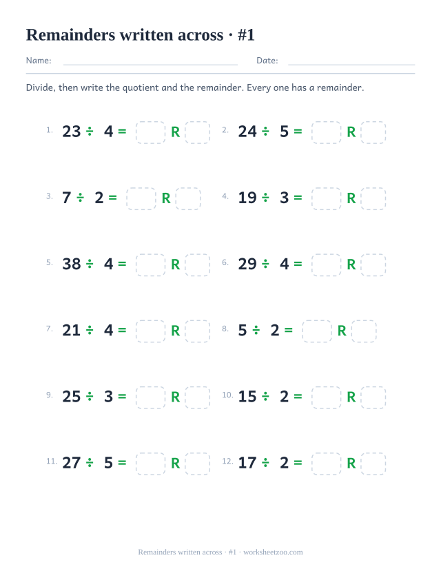 Division with remainders worksheet written horizontally with small divisors from 2 to 5
