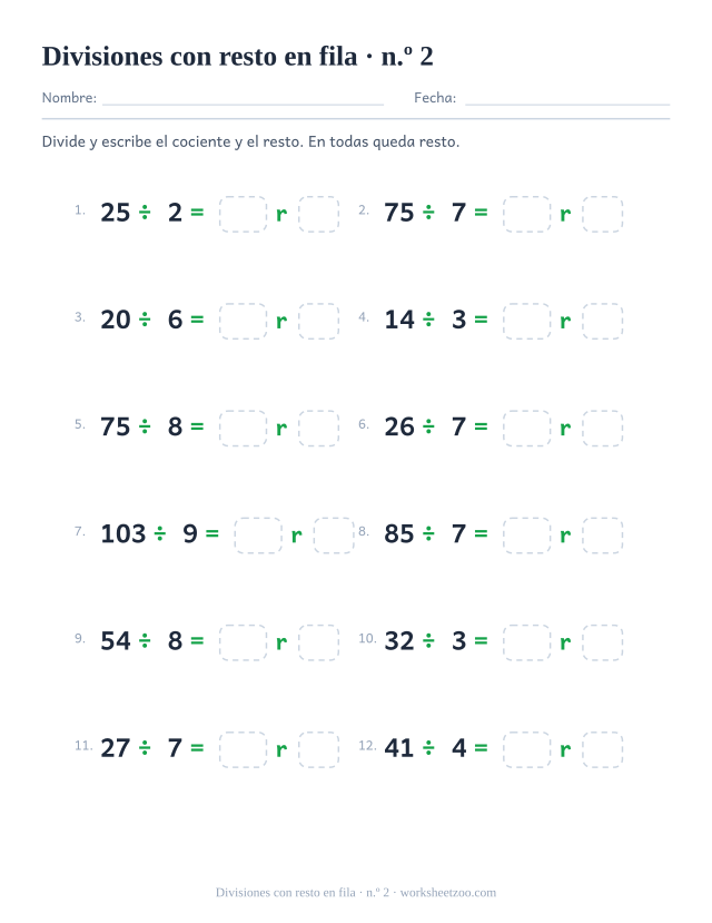 Ficha de divisiones con resto con divisores hasta 9 y dividendos de dos cifras