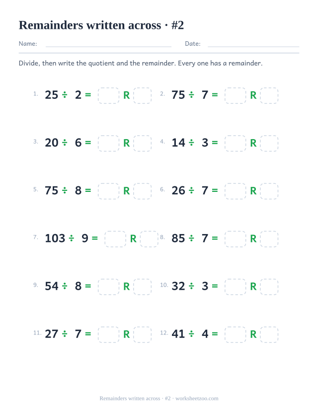 Division with remainders worksheet with divisors up to 9 and two-digit dividends