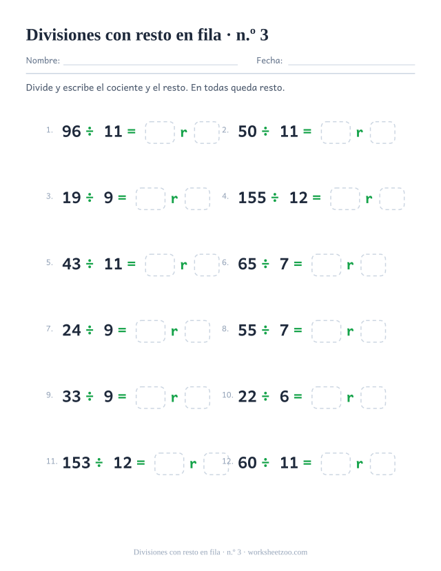 Ficha de divisiones con resto usando los divisores difíciles, del 6 al 12