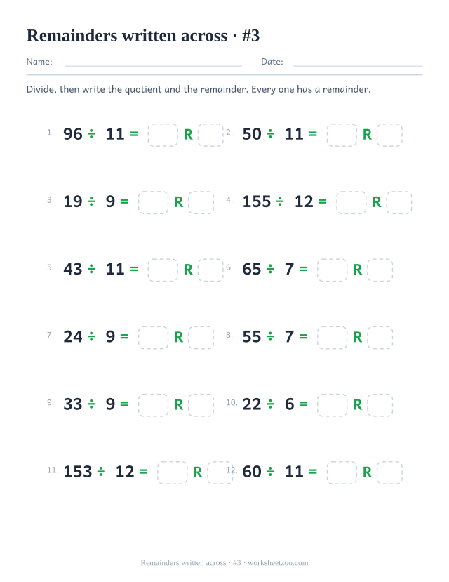 Division with remainders worksheet using the harder divisors from 6 to 12