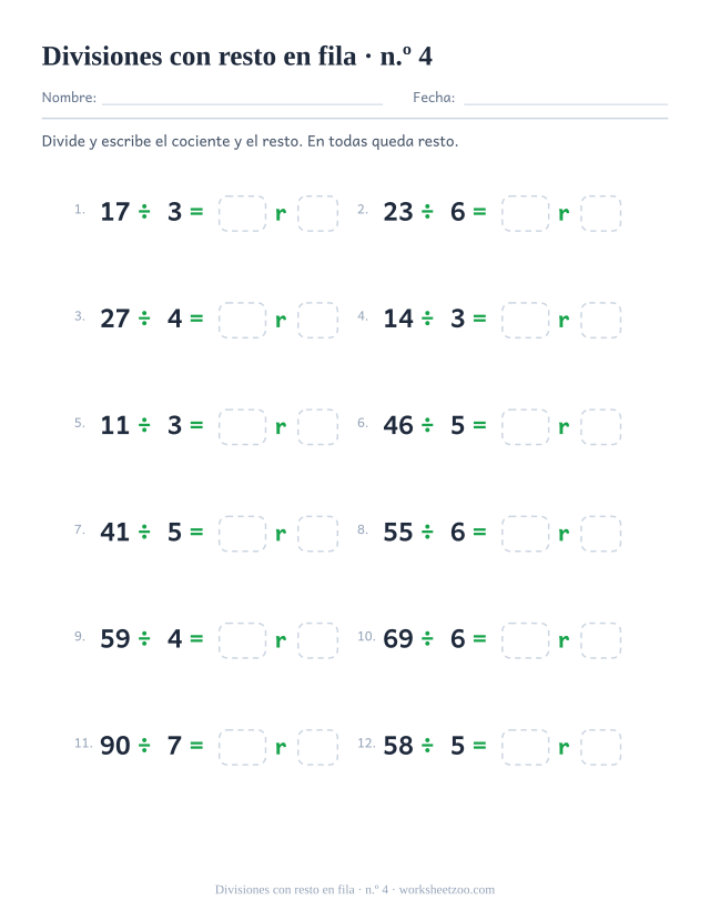 Ficha de divisiones con resto con cocientes mayores y divisores del 3 al 7