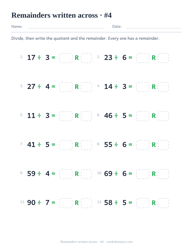 Division with remainders worksheet with larger quotients and divisors from 3 to 7