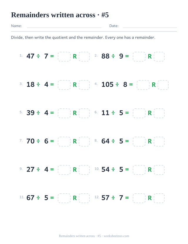 Fifth division with remainders worksheet mixing mid-range divisors and larger dividends