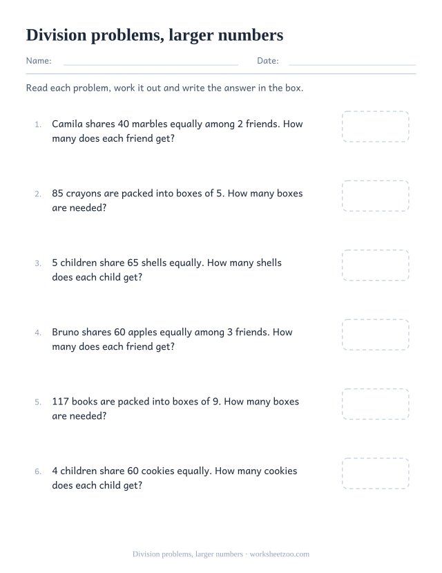 Division word problems worksheet with larger dividends needing written long division