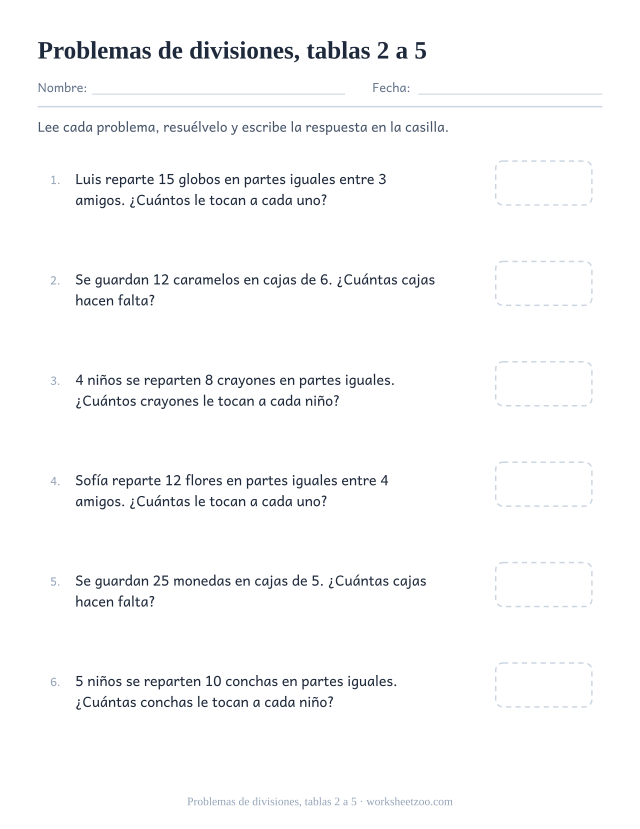 Ficha de problemas de divisiones con situaciones de repartir de las tablas del 2 al 5