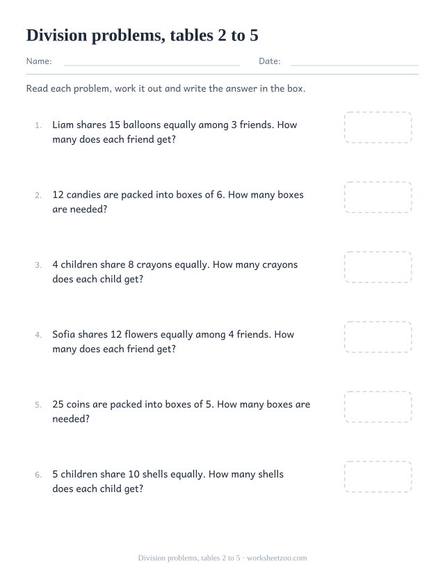 Division word problems worksheet with sharing stories from the 2 to 5 times tables